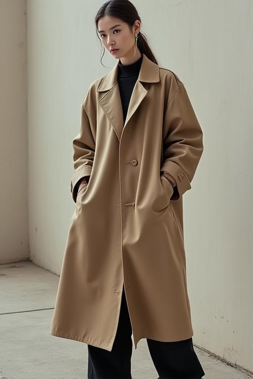 オーバーサイズのトレンチコートを着た女性