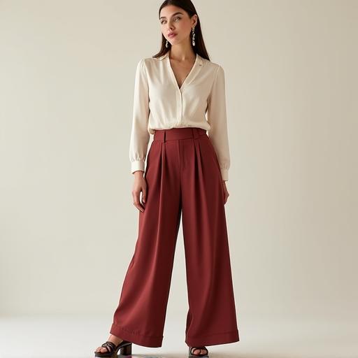 ワイドレッグパンツとシルクのブラウスのコーディネート